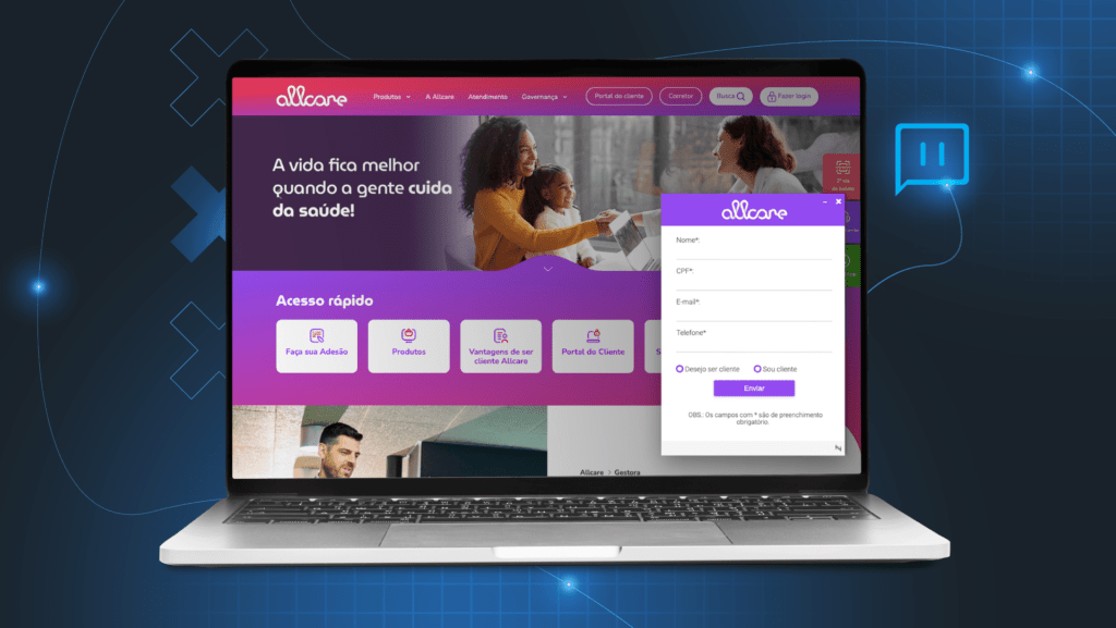tela do notebook site allcare chatbot no lado direito inferior da tela atendimento