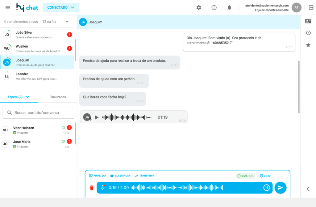 tela demonstrando como funciona o envio de audio durante o atendimento no chat da hi platform