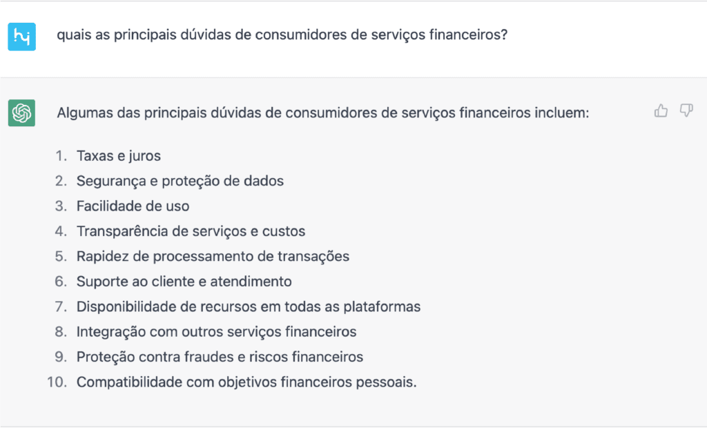 resposta do chatgpt sobre as principais dúvidas de consumidores sobre serviços financeiros