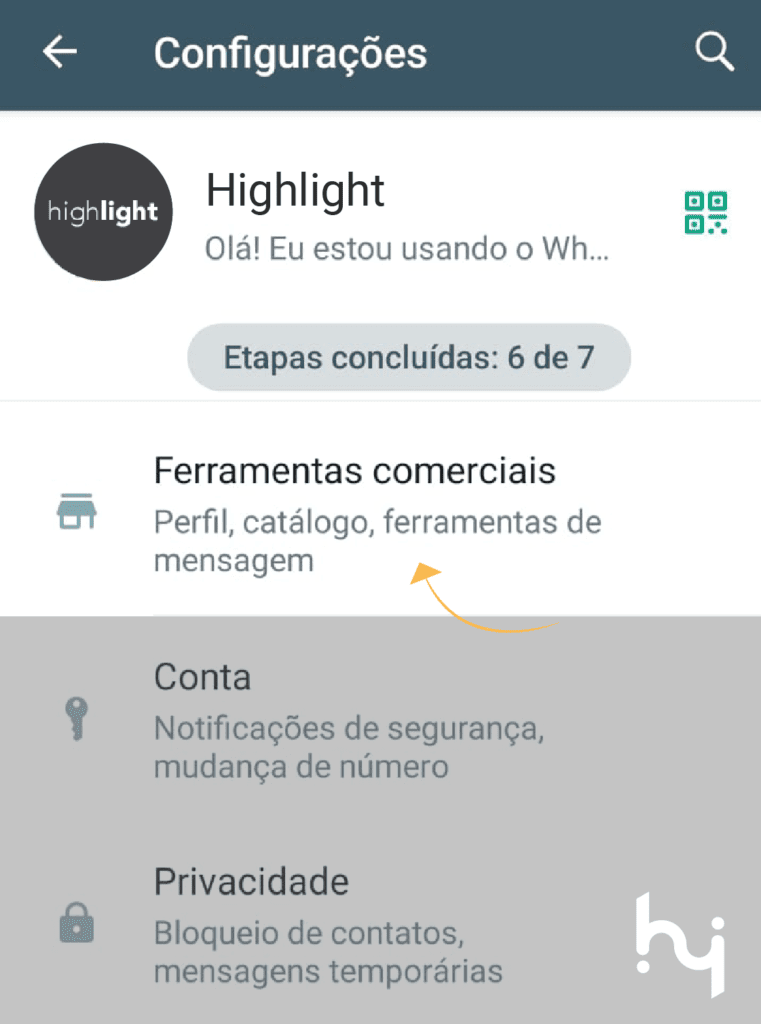 Imagem mostrando o menu de configurações do WhatsApp Business com diversas opções para personalizar e ajustar as configurações da conta comercial.