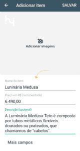 imagem do Catalogo do WhatsApp para adicionar item ao catalogo  com opção de adicionar imagem, preencher nome, valor e descrever o produto.