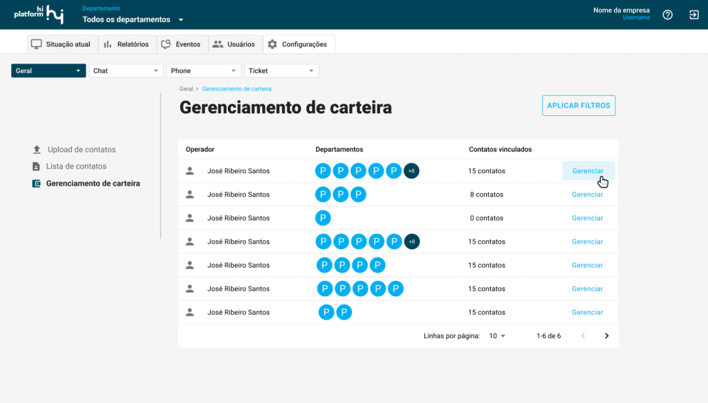 Gerenciamento de carteira do chat hi platform